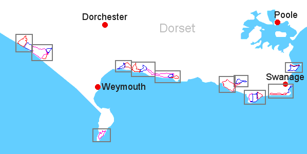 Map of walks on the Jurassic Coast between Abbotsbury and Studland.